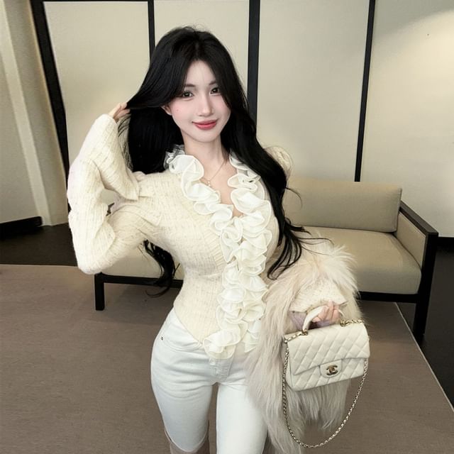 Ruffle-Trim Long-Sleeve Lace Crop Top, V-Neck