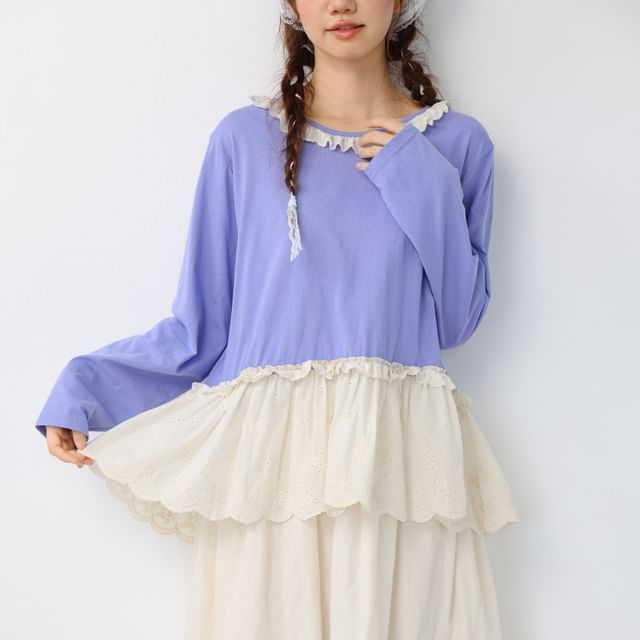 Drop Shoulder Round Neck Lace Panel T-Shirt