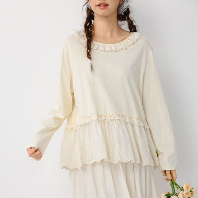 Drop Shoulder Round Neck Lace Panel T-Shirt