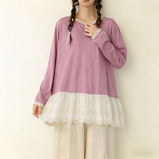 Round Neck Long Sleeve Lace Trim Tunic