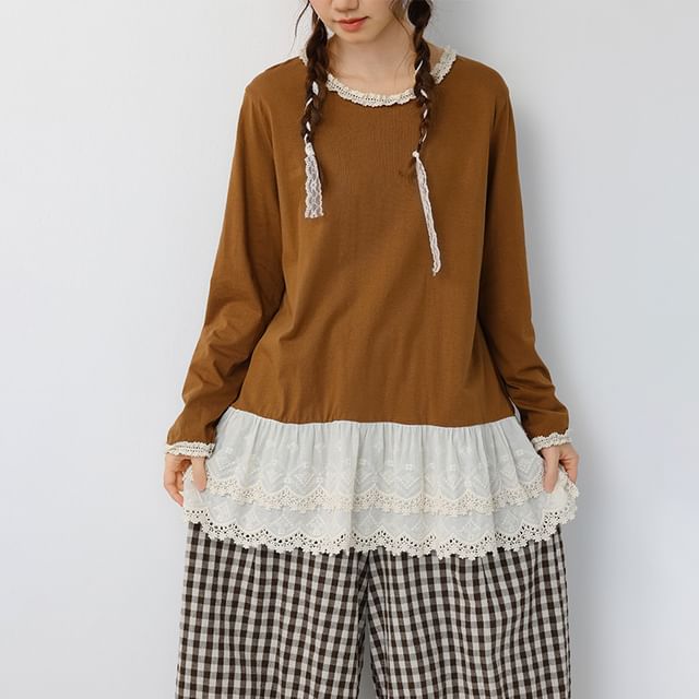 Round Neck Long Sleeve Lace Trim Tunic
