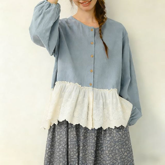 Round Neck Long Sleeve Lace Trim Button Blouse