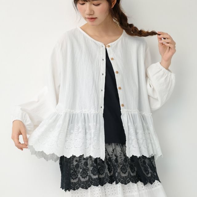 Round Neck Long Sleeve Lace Trim Button Blouse