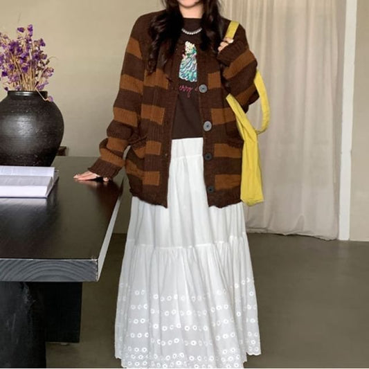Round Neck Striped Cardigan