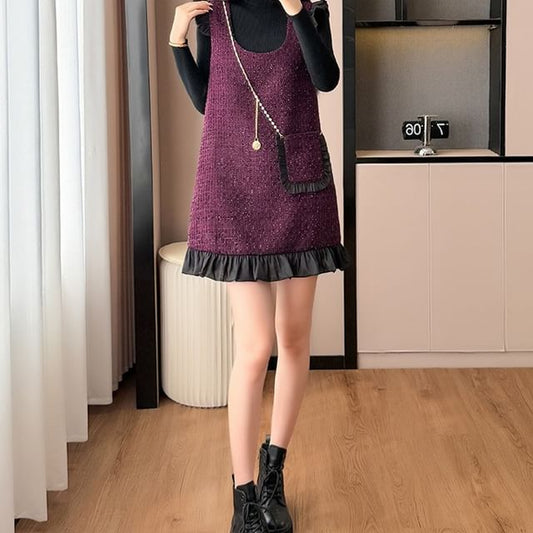 Mock Neck Knit Top & Scoop Neck Frill Tweed Overall Dress