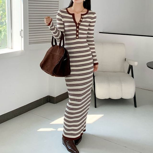 Long-Sleeve Notch Neck Striped Maxi Sheath Knit Dress