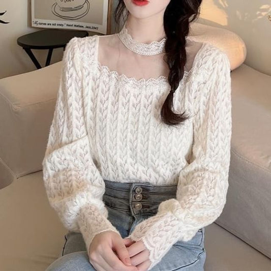 Crewneck Lace Blouse with Long Sleeves