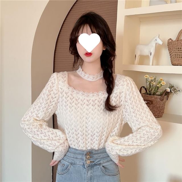 Crewneck Lace Blouse with Long Sleeves