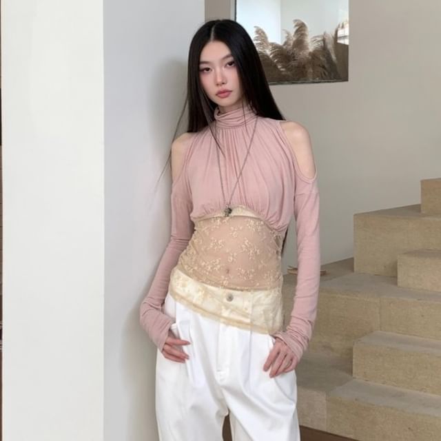 Cold Shoulder Mock Neck Lace Panel T-Shirt
