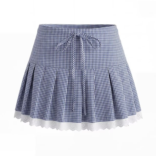 Puff Sleeve V-Neck Lace Trim Plaid Fitted Blouse and Mini Pleated Skirt