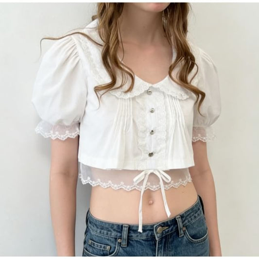 Puff Sleeve Peter Pan Collar Lace Trim Crop Blouse in Solid