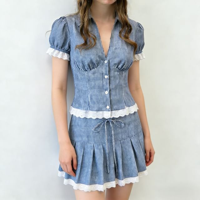 Puff Sleeve V-Neck Lace Trim Plaid Fitted Blouse and Mini Pleated Skirt