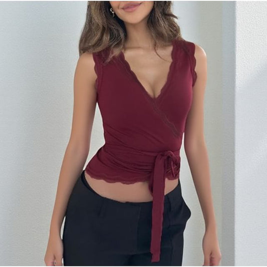 V-Neck Lace Trim Tie Waist Slim Crop Tank Top