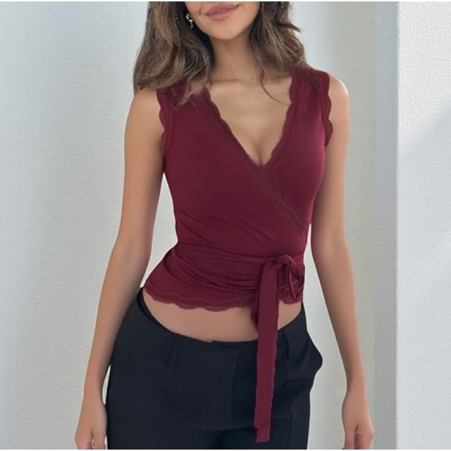 Lace-Trim V-Neck Tie-Waist Crop Tank