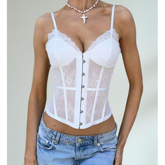 V-Neck Lace Panel Corset Camisole Top