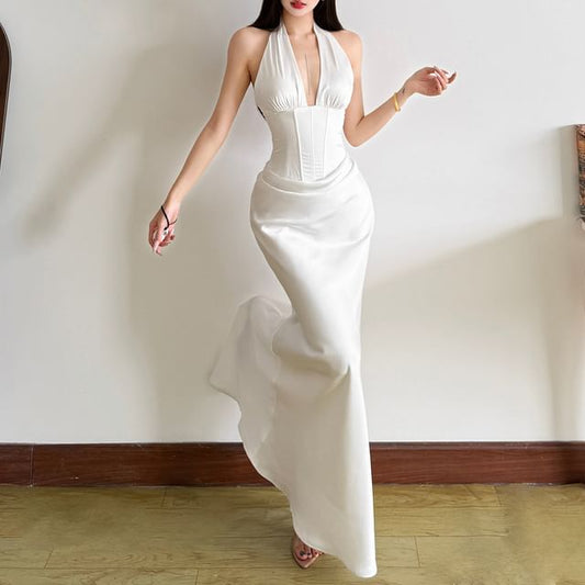 Halter V-Neck Plain Open Back Maxi Mermaid Corset Dress