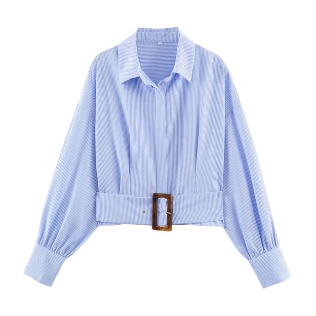 Striped Loose-Fit Cropped Shirt, Long Sleeves