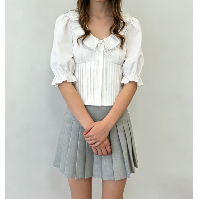 Cropped Lace-Trimmed Tie-Front Blouse with Pleated Scoop Neckline