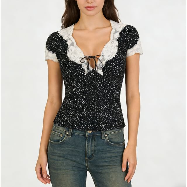Short Sleeve V-Neck Lace Trim Dotted Fitted Top and High Waist Mini Skirt