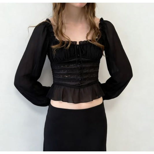 Puff Sleeve Square Neck Ruffled Lace Panel Fitted Blouse
