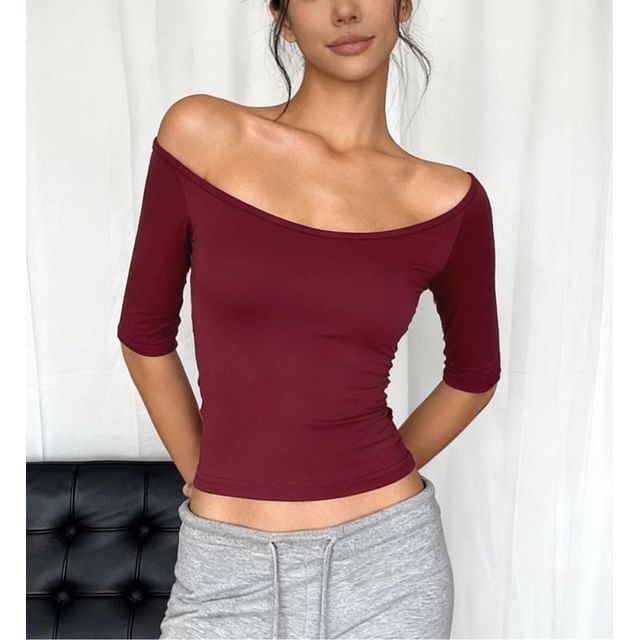 Scoop Neck Fitted Tee, Elbow-Length Sleeves