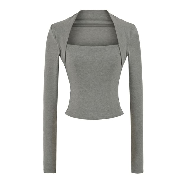 Square Neck Slim-Fit Crop Long-Sleeve Mock Two-Piece