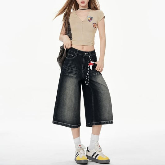 Mid Rise Washed Wide Leg Jorts