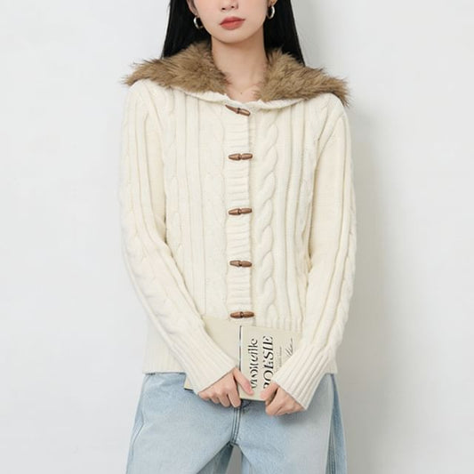 Fluffy Panel Hooded Toggle Cable Knit Cardigan