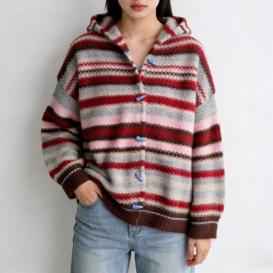 Striped Hooded Button-Up Cardigan