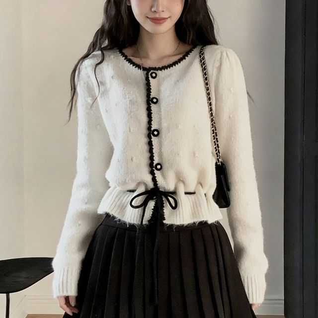 Contrast Trim Drawstring Button-Up Cardigan