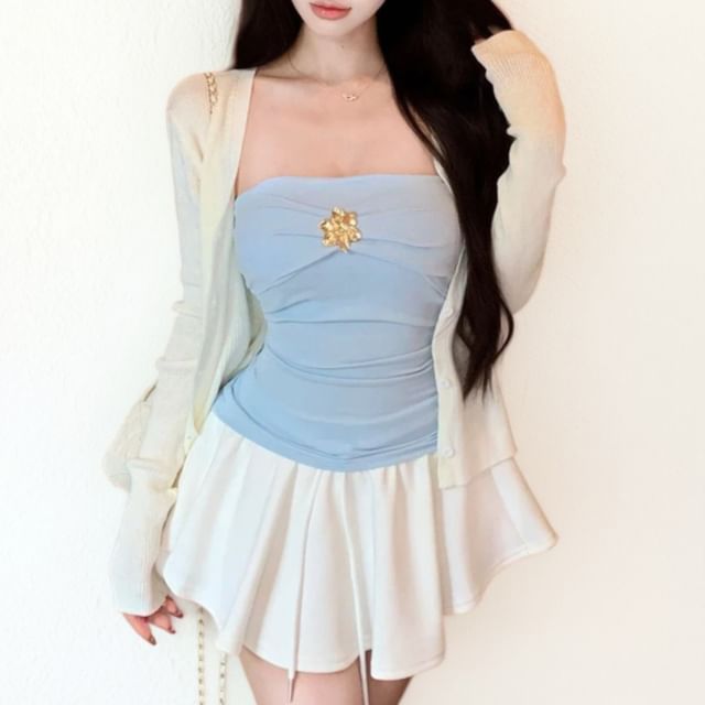 V-Neck Button-Up Plain Cardigan / Metal Accent Ruched Crop Tube Top / Drawstring Waist Mini A-Line Skort