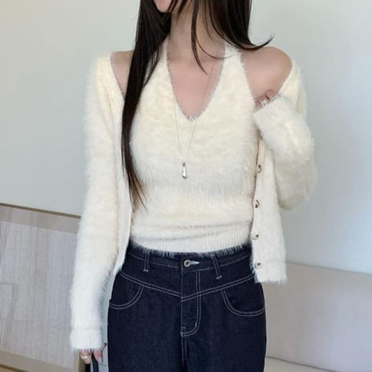 Set: V-Neck Fluffy Button-Up Plain Cardigan + Halter Neck Top