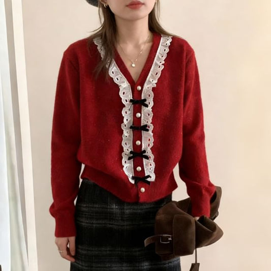 V-Neck Eyelet Lace Trim Faux Pearl Button-Up Cardigan