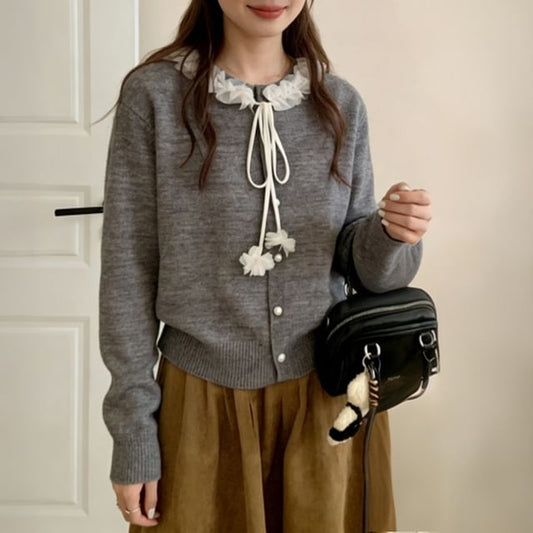 Mesh Ruffle Faux Pearl Button-Up Cardigan