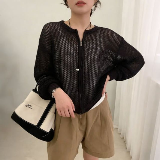Plain Perforated Zip Cardigan