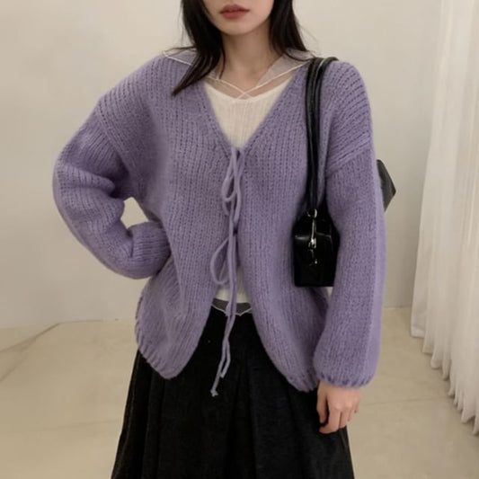 V-Neck Plain Tie-Front Cardigan