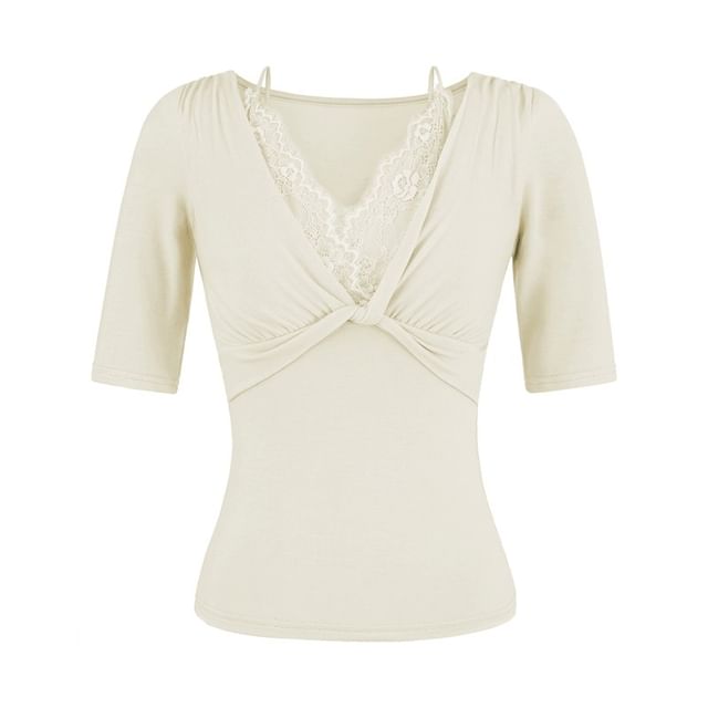 Lace Trim V-Neck Tee Elbow Sleeve