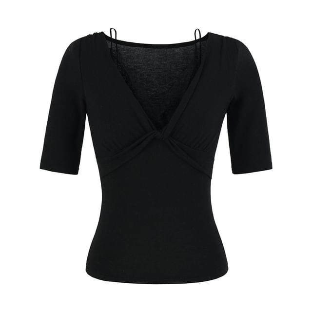 Lace Trim V-Neck Tee Elbow Sleeve