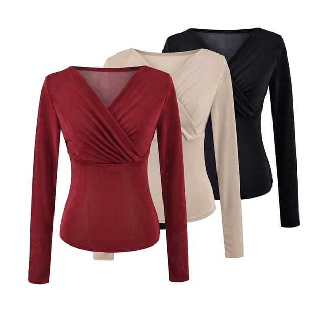 Ruched V-Neck Crop Tee Long Sleeve