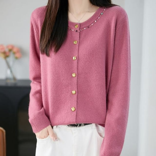 Crew Neck Embellished Button-Up Cardigan
