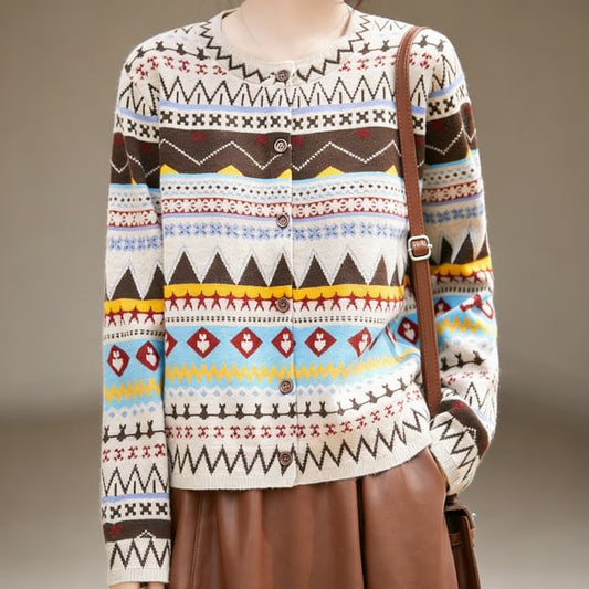 Crew Neck Nordic Jacquard Button-Up Cardigan