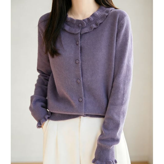 Crew Neck Frill Trim Button-Up Plain Cardigan