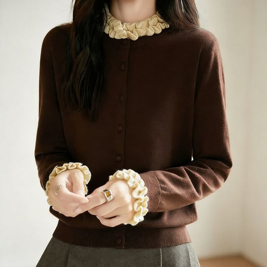 Stand Collar Contrast Frill Trim Button-Up Cardigan