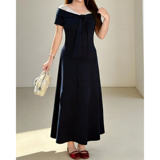 Short-Sleeve V-Neck Lace Panel Tie Front Maxi A-Line Dress