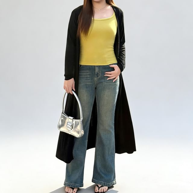 Short-Sleeve Scoop Neck Plain Slim Fit T-Shirt / High Waist Flared Jeans / V-Neck Button-Up Long Cardigan