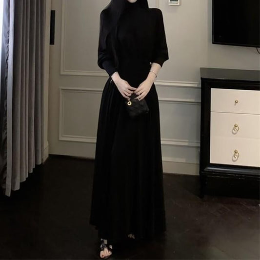 Long-Sleeve Mock Neck Plain Ruched Maxi A-Line Dress