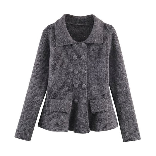 Collared Double-Breasted Plain Cardigan