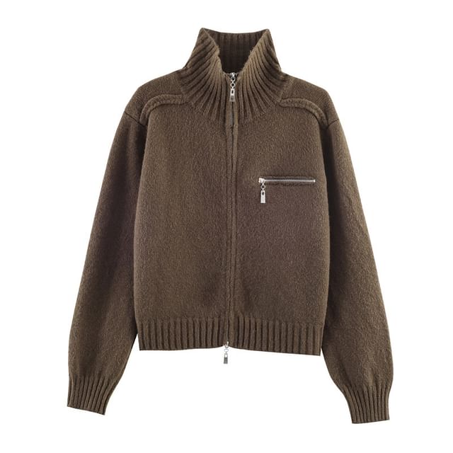 Stand Collar Zip-Up Plain Cardigan