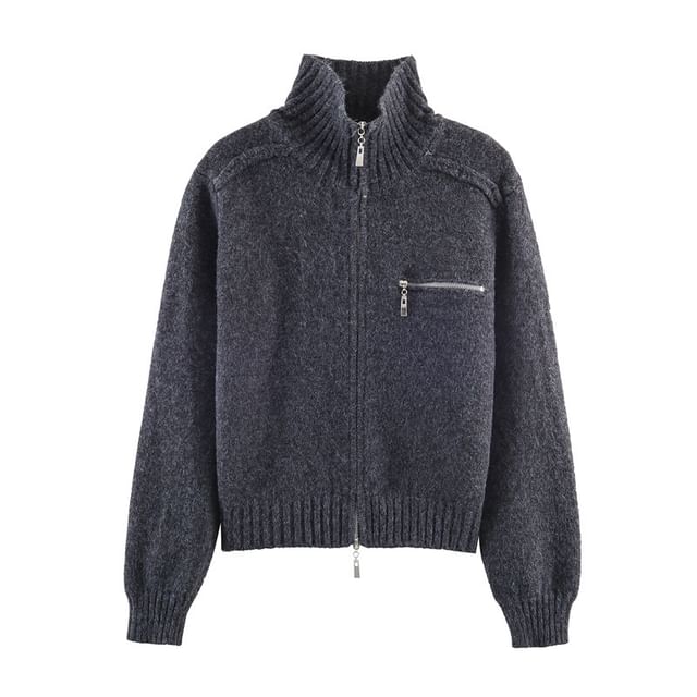 Stand Collar Zip-Up Plain Cardigan