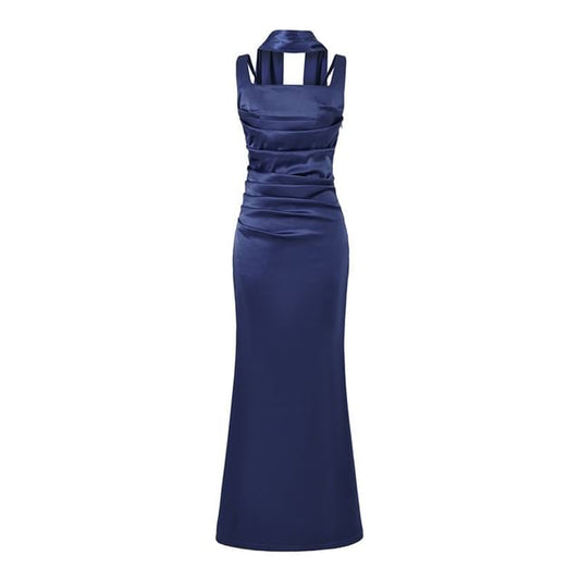 Set: Sleeveless Square Neck Plain Ruched Maxi Mermaid Dress + Scarf